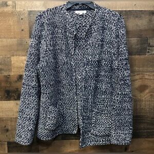 ORVIS Natural Wonders Cardigan Basketweave Knit Sweater Blue White L Large